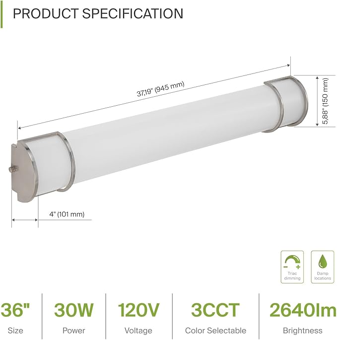 ASD LED 36" Vanity Flush Mount Light Fixture, Linear Bathroom Lighting Bar | 3CCT, Dimmable, Energy Star, ETL Listed | 30W 2650LM 3000-5000K 120V | Long Bath Wall Sconce Over Mirror | Nickel, 4 Pack