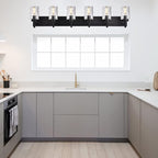 BONLICHT Transitional Bath Vanity Light Fixture 6 Light Black Wall Sconce Bathroom Lighting with Clear Hammered Glass, Industrial Farmhouse Metal Wall Mount Light for Kitchen Living Room Dining Room