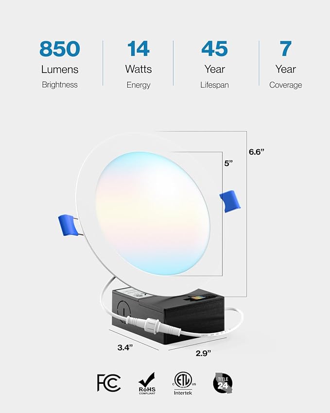 Sunco 24 Pack 6 Inch LED Recessed Light, Canless Ceiling Lights Slim with Junction Box, 850 LM, 14W (100W Equivalent), Selectable CCT 2700K/3000K/4000K/5000K/6000K, Dimmable, Wafer Thin ETL