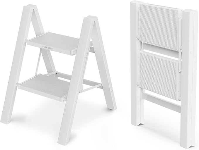 WOA WOA Step Ladder, Widen Pedals Foldable Step Stool, Lightweight Aluminum Ladder, Easy to Move Around, Anti-Slip Foot Stepladder for Household, Fold Thin & Space Save, 300 lbs Load (2 Step, White)
