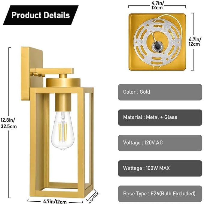 BesLowe 2-Pack Outdoor Wall Light Fixtures, Exterior Waterproof Wall Lanterns, Porch Sconces Wall Mounted Lighting with E26 Sockets & Glass Shades, Modern Wall Lamps for Patio Front Door, Gold