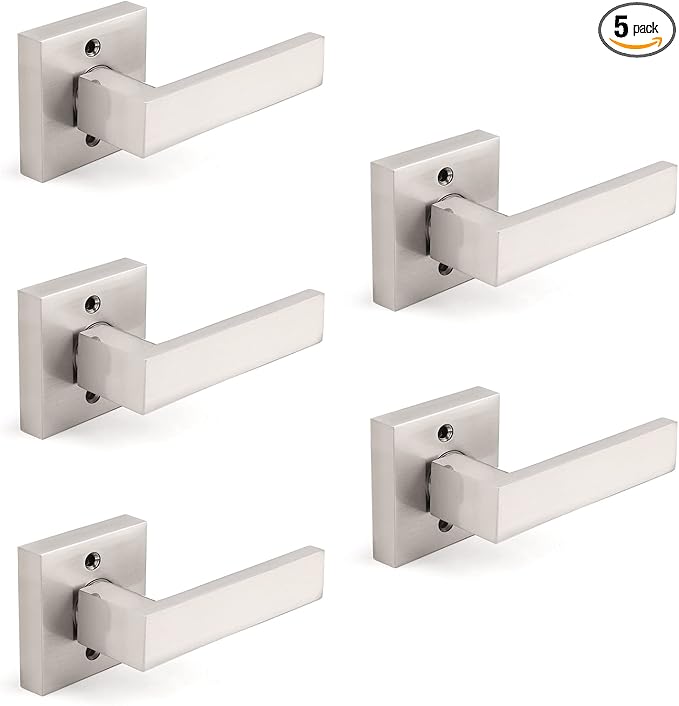 Gobrico Square No-Turning Single Side Door Handles for Closet French Door Satin Nickel Half-Dummy Levers Decorative Door Hardware 5 Pack