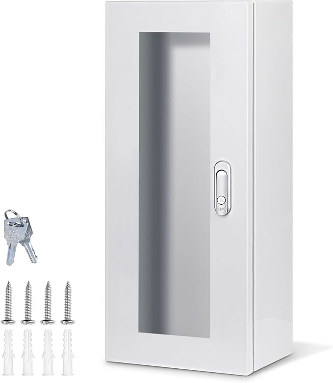 Fire Extinguisher Cabinet Wall and Surface Mount for 5-12 pounds Extinguisher, 23.6" H x 10.2" W x 6.7"D White Steel Fire Extinguisher Mount with Lock for Indoor Outdoor, with Full Clear Acrylic Door