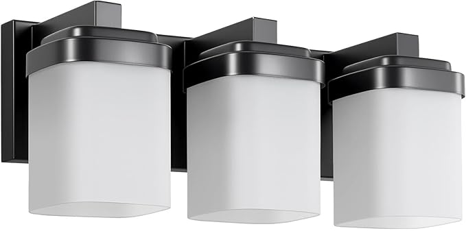 3-Light Black Bathroom Light Fixtures, Vanity Lights for Bathroom Mirror Lamp with Milky White Square Glass Shade, E26 Base Modern Wall Sconce Light Kitchen Light Fixtures Led Vanity