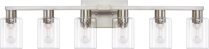 6 Light Bathroom Light Fixtures, Bathroom Vanity Light with Clear Glass, Brushed Nickel Bathroom Lighting Fixtures over Mirror, Large Vanity Lights for Bathroom, Vanity Lights for Mirror, Wall Sconce