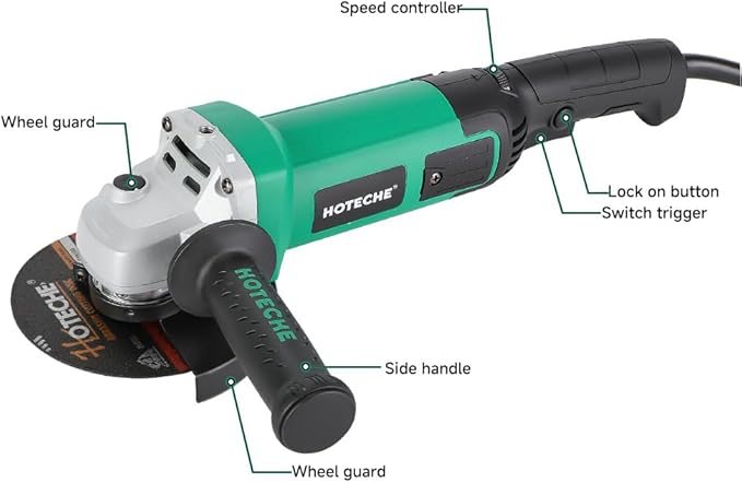 Hoteche 5-Inch Angle Grinder 11-Amp Heavy Duty Variable Speed Power Grinder Corded Electric Grinding & Cutting Tool for Metal, Quick-Change Disc Compatible(Tool Only)