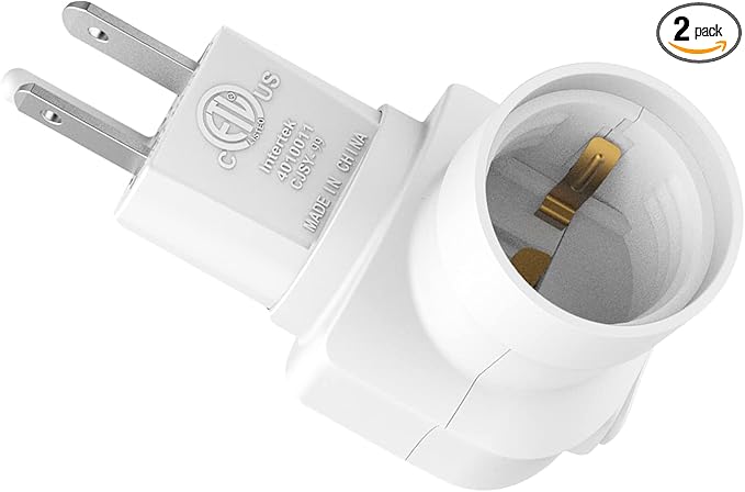 Borju Plug in Light Socket [2-Pack], Outlet to Socket Adapter, 360° Rotatable Plug with On/Off Switch, ETL Listed, White