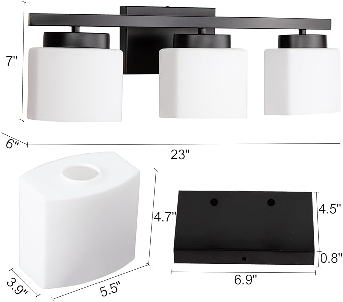 3-Light Bathroom Vanity Light Fixture Over Mirror, Modern Matte Black Vanity Lights with Milky Glass Shade, 23 inches Vanity Lighting Fixtures for Bathroom Lighting