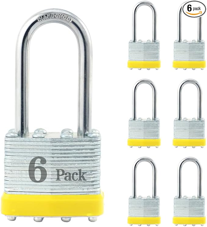 ZonRo Locks Laminated Steel Keyed Padlocks,Keyed Alike Locks, 1-9/16 inch Wide,Long Shackle Padlocks, Pack of 6，Yellow Hoop, for Hasp Latch, Sheds, Fences, Storage Locker, School, Gym