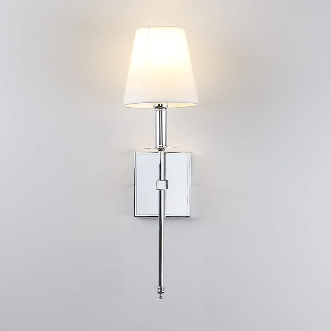 PERMO Single Classic Rustic Industrial Wall Sconce Lighting Fixture with Flared White Textile Lamp Shade and Chrome Tapered Column Stand
