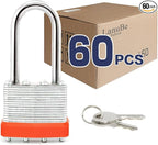 LanuBe Lock Laminated keyed Padlock (1-9/16", 40mm), keyed Alike Locks, Long Shackle,Marked Orange Plastic Hoop, Pack of 60