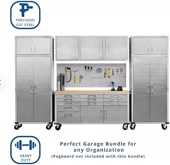 Heavy Duty 8-Piece Steel Garage Cabinet Storage Set with Rolling Workbench, 12 Feet Wide (Granite)