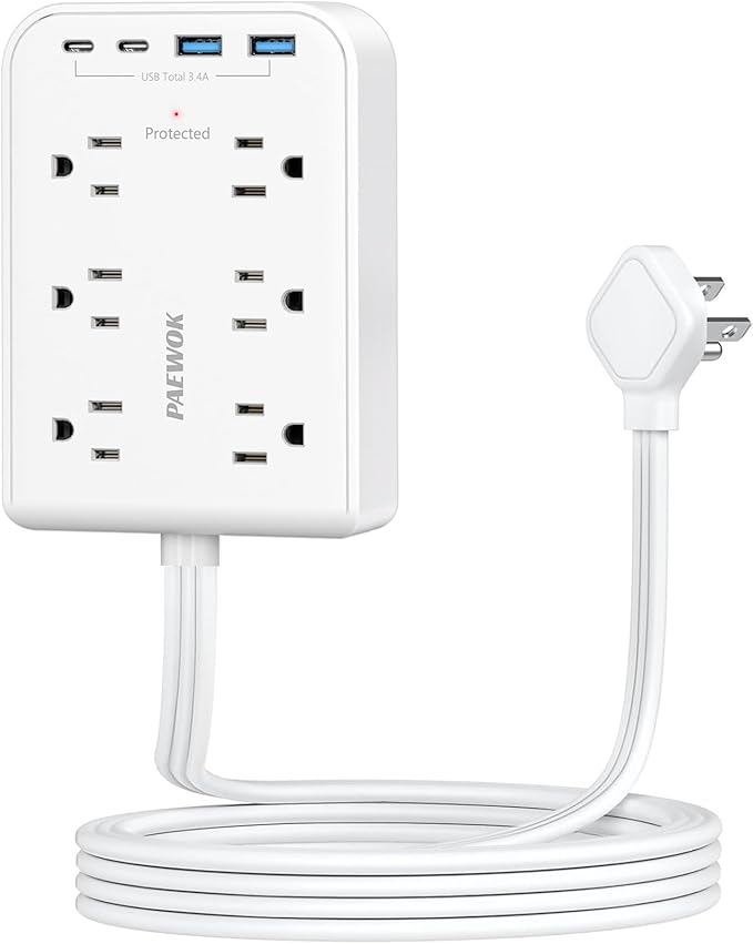 5 FT Flat Plug Extension with 4 USB(2 USB C), 6 AC Outlets Multiple Plug Expander Wall Charger, Ultra Thin Extension Cord, Power Strip Surge Protector for Home Office Kitchen. White