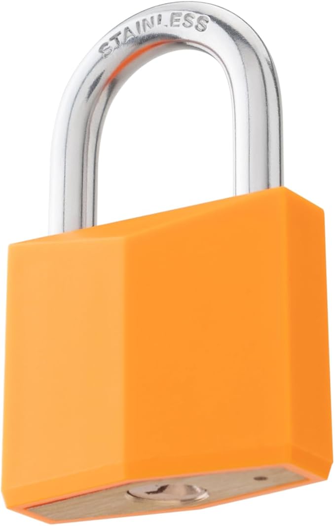 4-Pack Keyed Alike Locks, Orange Covered Brass Keyed Padlock with Stainless Steel Shackle, 1-9/16 Inch Lock Body, Rustproof Locks for Luggage Gate Fence Hasp Cabinet Toolbox Gym School Locker