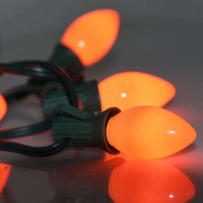 SUNSGNE C7 Christmas Orange Incandescent Night Light Bulbs, 25 Pack C7 Ceramic Replacement Bulbs for Outdoor String Lights, E12 Candelabra Base, 5 Watt, Ceramic Orange