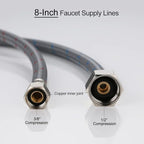 WOWOW 8 Inch Faucet Supply Hose Faucet Line Braided Nylon Sink Faucet Supply Line 3/8" Comp x 1/2" Comp 2Pcs (1 Pair)