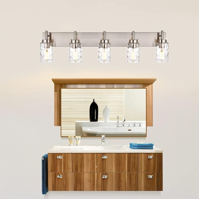 BONLICHT Transitional Vanity Lighting Fixtures Brushed Nickel with Clear Hammered Glass Shade,Farmhouse 5 Light Bathroom Lights Wall Sconces Contemporary Indoor Wall Mount Lights for Kitchen Sink