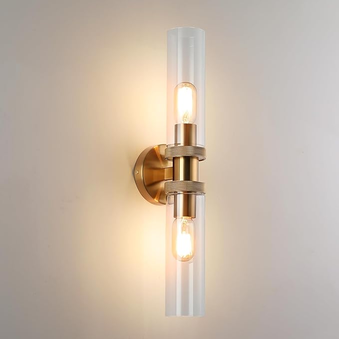 E26 Brushed Brass 2 Light Vanity Lights, Farmhouse Gold Modern Bathroom Wall Lamps with Glass Shade