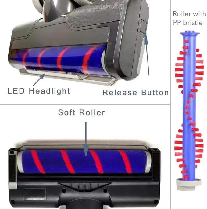 Upgraded Hardwood Floor Vacuum Attachments with Headlights for Dyson V6 DC59 DC61 DC74 , Replacement Parts Motorhead,Soft Roller &PP Bristle Motorized Brush Accessories for Tile,Carpet,Rug Cleaning.