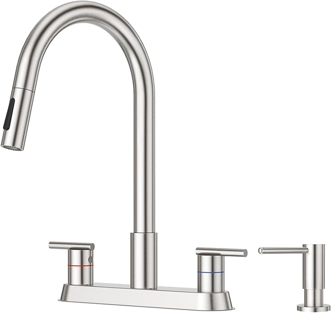 CREA 4 Holes Kitchen Faucets with Pull Down Sprayer and Soap Dispenser,Two Handles 8-Inch Bar Sink Faucet for RV Laundry Camper Utility Sink Brushed Nickel Stainless Steel