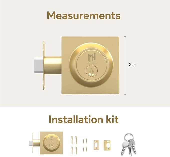 Mega Handles - Prime Deadbolt I Entry Deadbolt Lock - Heavy Duty Square Locking Deadbolt for Left or Right-Handed Doors - Interior/Exterior - Satin Brass