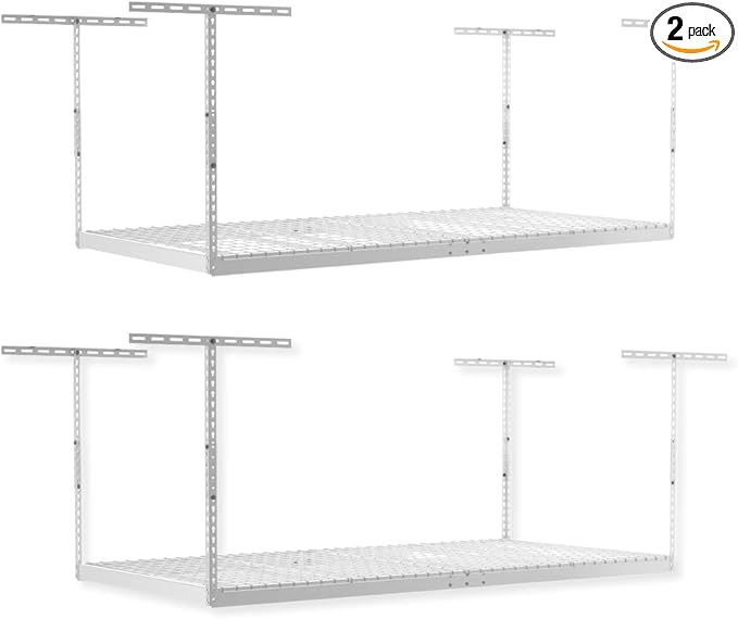 SafeRacks Overhead Garage Storage Rack, Heavy Duty Racks for Garage w/ 600 lb Capacity, Easy Garage Storage Adjustable Storage Rack Ceiling Mount Storage for Garage 4x8 White, 24"-45" (2 Pack)