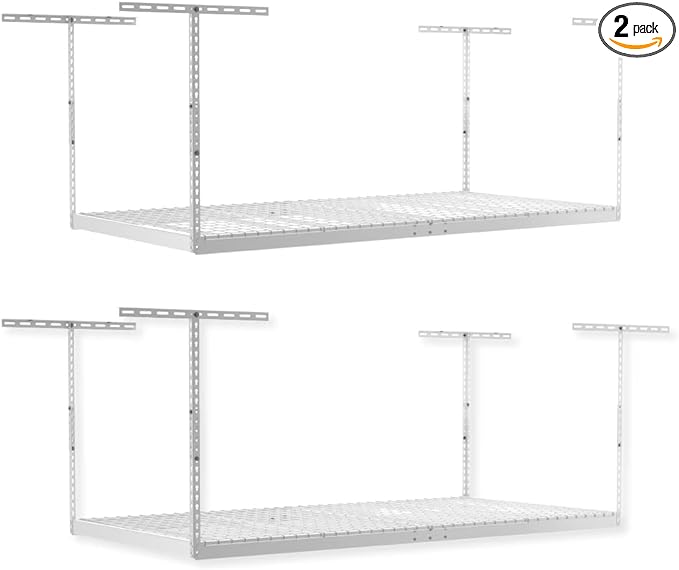 SafeRacks Overhead Garage Storage Rack, Heavy Duty Racks for Garage w/ 600 lb Capacity, Easy Garage Storage Adjustable Storage Rack Ceiling Mount Storage for Garage 4x8 White, 12"-21" (2 Pack)