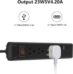 4-Outlet 6.5Ft Long Cord 2500W Power Strip Build-in Charging Cable and2 Type C (PD 23W) & USB (QC 3.0 5V3A) Fast Charging Ports Black