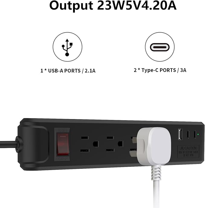 4-Outlet 6.5Ft Long Cord 2500W Power Strip Build-in Charging Cable and2 Type C (PD 23W) & USB (QC 3.0 5V3A) Fast Charging Ports Black