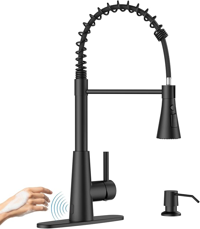 APPASO Pull Down Kitchen Faucet Touchless Black, Motion Sensor Activated Automatic Kitchen Faucet, High Arc Commercial Pre-Rinse Hands-Free Faucets for Kitchen Sink, Matte Balck (Side Sensor)