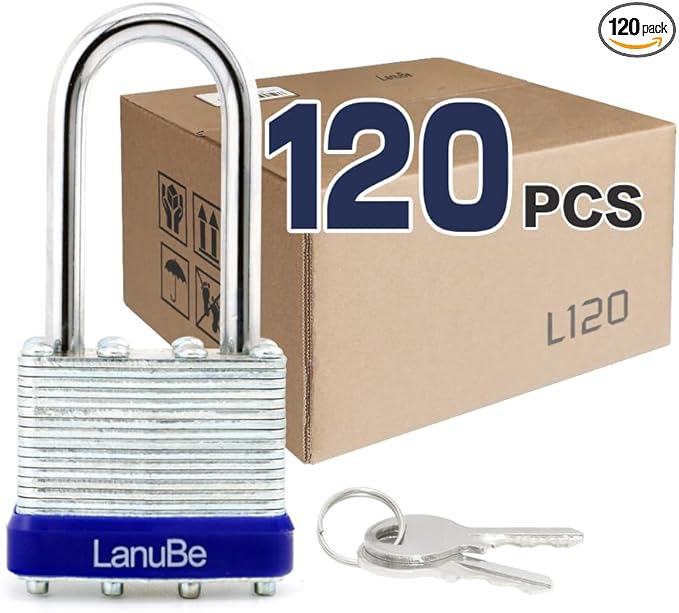LanuBe Laminated Padlock 1-9/16inch (40mm) Long Shackle 120 Pack Keyed Alike, Blue Plastic Hoop, Bulk Locks for Warehouse, School