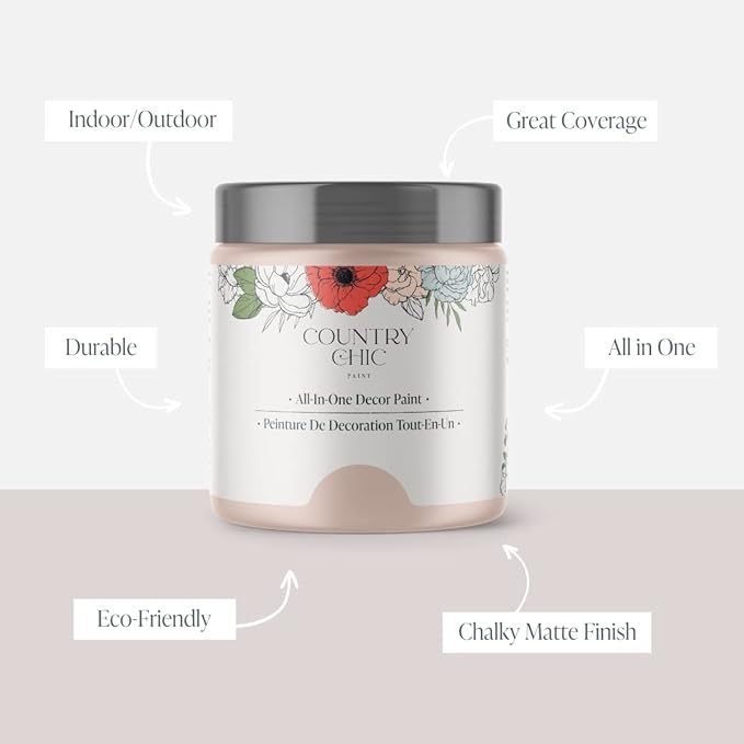 Country Chic All-in-One Chalk Paint for Furniture, Cabinets, Home Decor, Eco-Friendly, Matte Finish, Built-In Primer & Top Coat for Wood, Metal - Ooh La La (Light Pink) - Pint 16 oz (475 ml)