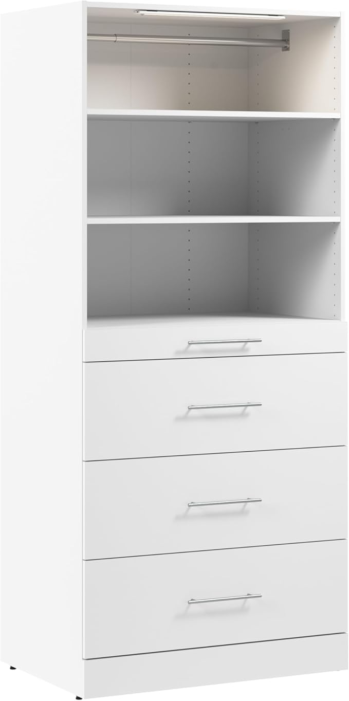 Bestar 36W x 25D Modular Closet Organizer System Tower, Reach-in Closet or Walk-in with LED Light, Shelves, and 4 Drawers, Slab Style, Florence Collection, White