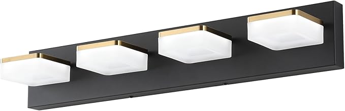 4-Light Dimmable LED Bathroom Vanity Fixture in Black/Gold with White Acrylic Shades, Rotatable Head, Sconce-Style Over-Mirror Lighting 5500K