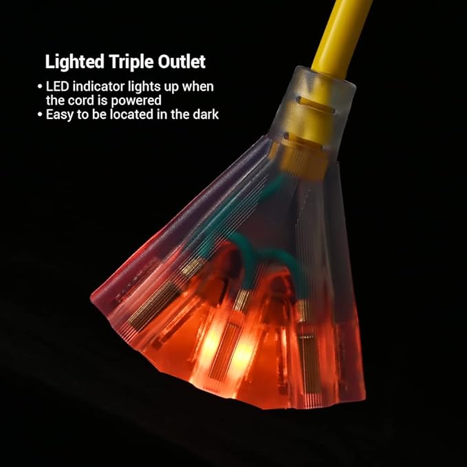 DEWENWILS 15 FT 12/3 Gauge Extension Cord Outdoor Tri-Tap Extension Cord Splitter, Heavy Duty Power Cable SJTW 15 Amp for Multiple Appliances, LED Lighted Plug, ETL Listed