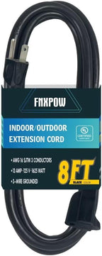 Indoor Outdoor Extension Cord 8 FT Waterproof, 16/3 Gauge Heavy Duty Black Extension Cords, 13A 1625W SJTW Extension Cord with 3 Prong Grounded Plug, Great for Tools, Lights, UL Listed.