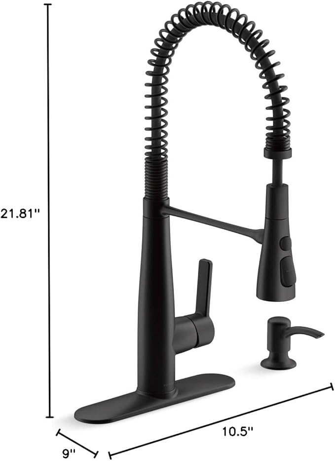 KOHLER K-REC22745-SD-BL Semi-Professional Kitchen Faucet with Soap Dispenser/Lotion Dispenser, Commercial Kitchen Sink Faucet with Pull-Down Sprayhead, Matte Black