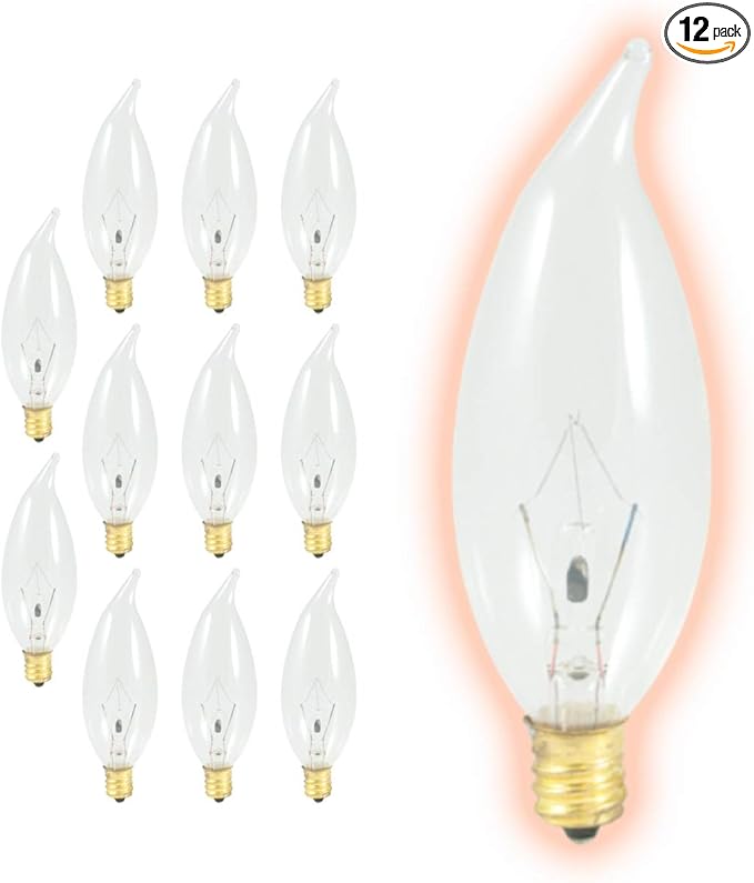 GoodBulb 25 Watt Flame Tip Candelabra Light Bulbs | CA10 Clear Finish E12 Base 2700K Warm White Light | Dimmable | 175 Lumens | Pack of 12