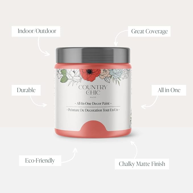 Country Chic All-in-One Chalk Paint for Furniture, Cabinets, Home Decor, Eco-Friendly, Matte Finish, Built-In Primer & Top Coat for Wood, Metal - Sunset Glow (Coral Pink) - Quart 32 oz (950 ml)