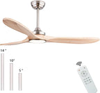 52" Wood Ceiling Fans with Lights and Remote Control,Indoor Outdoor 3 Blades Wooden Ceiling Fan for Garage,Patio,Living Rooms,Bedrooms,Offices,Farmhouse(Nickel+Raw wood)