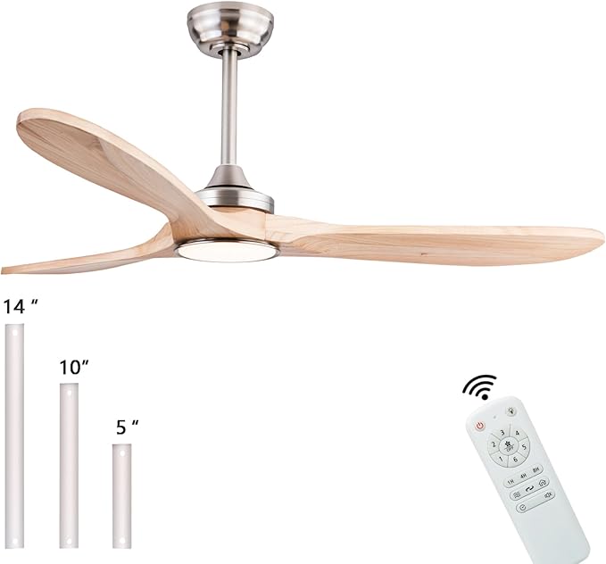 52" Wood Ceiling Fans with Lights and Remote Control,Indoor Outdoor 3 Blades Wooden Ceiling Fan for Garage,Patio,Living Rooms,Bedrooms,Offices,Farmhouse(Nickel+Raw wood)