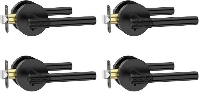 Amerdeco 4 Pack Matte Black Door Handles Interior,Knurled Privacy Door Handles with Lock,Heavy Duty Black Door Lever for Bedroom or Bathroom,Reversible Keyless for Left Right Handed Doors AM0027