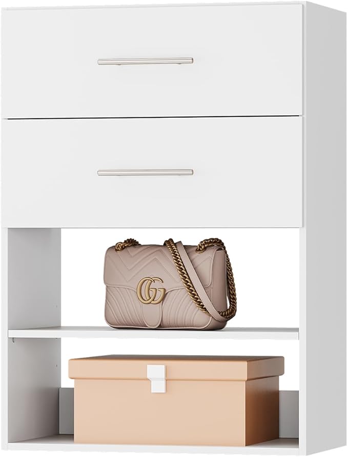 ROOMTEC 31.5" 2 Drawer Short Tower Closet Unit, Modular Closet System with Drawers and Shelf, Wardrobe Organizer for Bedroom or Walk-in Closet, Wall Mounted, Customizable Clothes Storage Unit, White