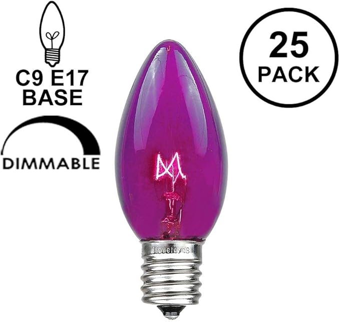 Novelty Lights Incandescent Christmas Replacement Bulbs - Indoor/Outdoor Individual Bulbs for Christmas Tree, Display, & More - C9/E17 Intermediate Base, 7 Watt Lights (Purple, 25 Pack)