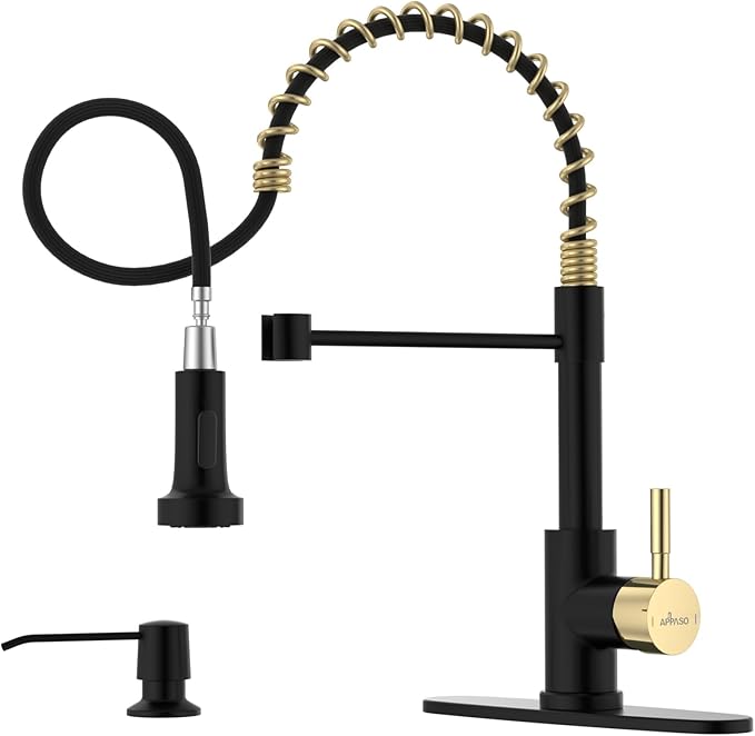 APPASO Black and Gold Kitchen Faucet with Soap Dispenser, Pull Down Kitchen Faucet Commercial Single Handle High Arc Tap for Sink, Farmhouses, RV, Laundry Room, Outdoor