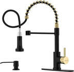 APPASO Black and Gold Kitchen Faucet with Soap Dispenser, Pull Down Kitchen Faucet Commercial Single Handle High Arc Tap for Sink, Farmhouses, RV, Laundry Room, Outdoor