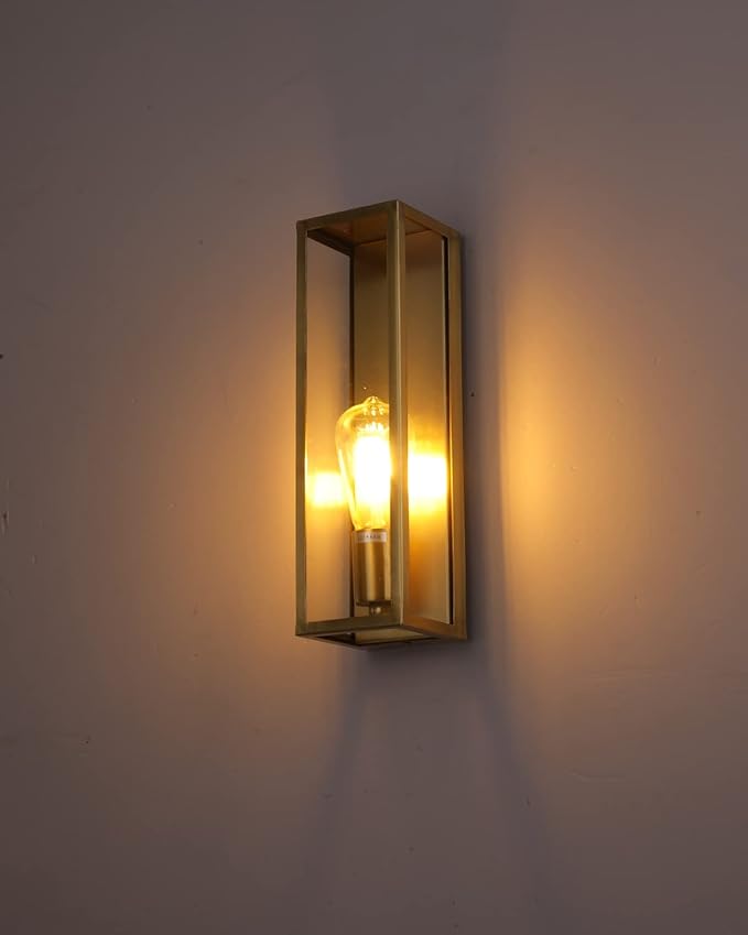 Outdoor Light Fixture, Exterior Wall Sconce, Brushed Brass Frame Wall Light with Clear Glass Shade for Porch, Garage, Patio, Doorway, Hallway