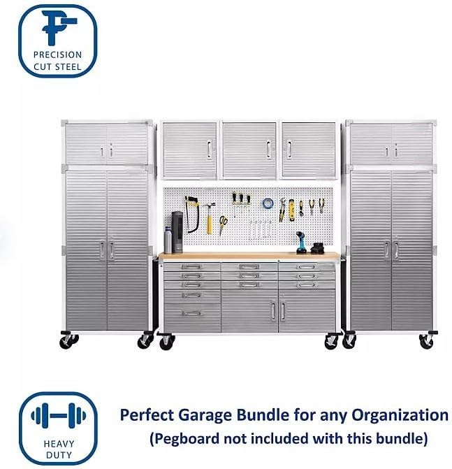 Heavy Duty 8-Piece Steel Garage Cabinet Storage Set with Rolling Workbench, 12 Feet Wide (White)