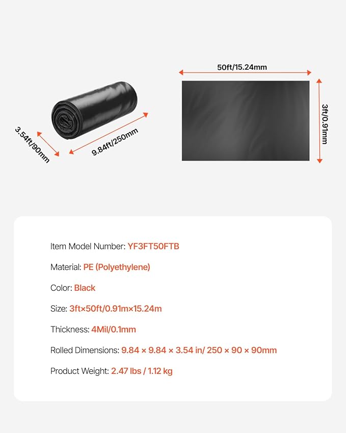 VEVOR 3FT x 50FT Plastic Sheeting Heavy Duty, 4 Mil Thick Plastic Sheeting Roll, Plastic Drop Cloth Painters Tarp, Polyethylene Covering for Crawl Space Vapor Barrier, Multi-Purpose, Black