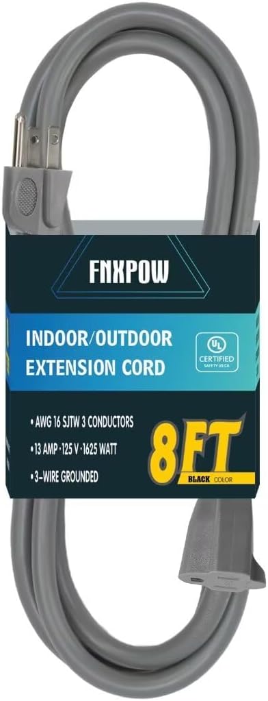 Indoor Outdoor Extension Cord 8 FT Waterproof, 16/3 Gauge Heavy Duty Gray Extension Cords, 13A 1625W SJTW Extension Cord with 3 Prong Grounded Plug, Great for Tools, Lights, UL Listed.